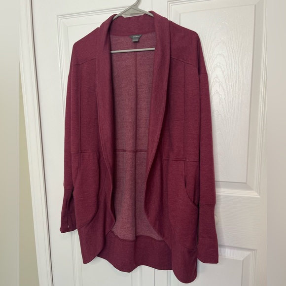 Eddie‎ Bauer Ladies Fleece Open Cardigan S Ruby Maroon Warm Thumb Hole Pockets - Picture 1 of 7